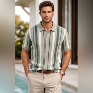 PacSun Textured Knit Polo Mens L Green Stripe Button Front NWT